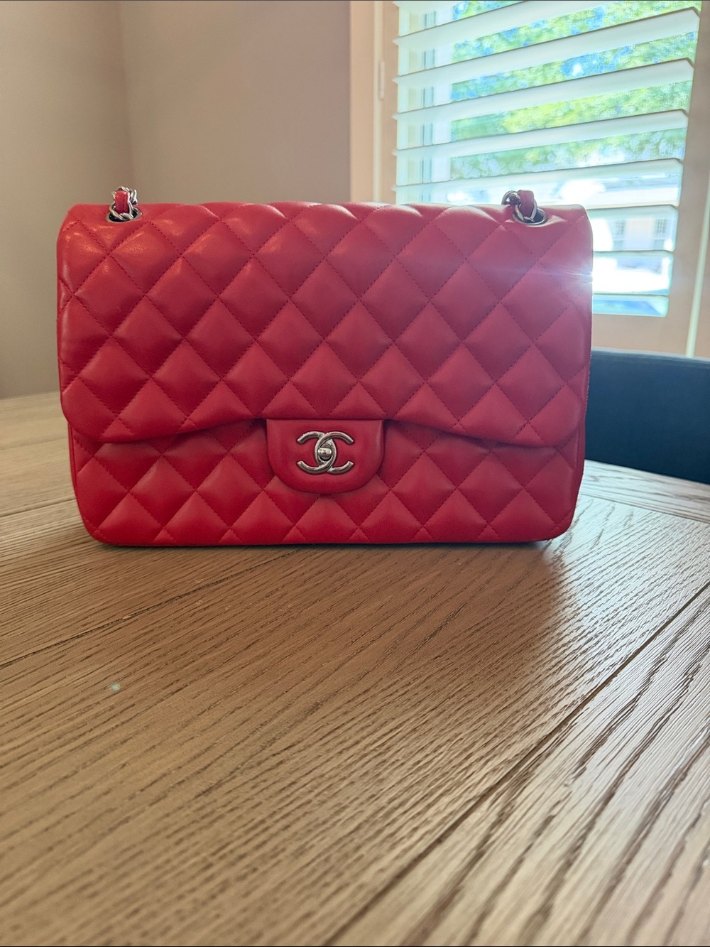 CHANEL Quilted Red Shoulder Bag with Silver CC Hardware